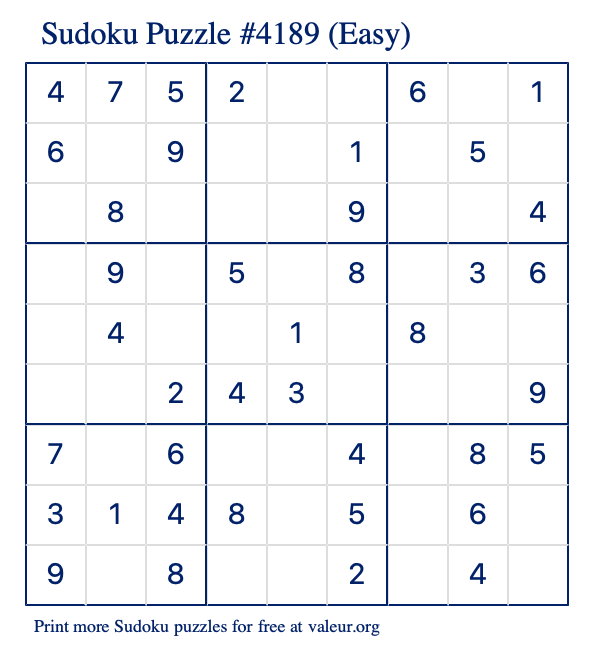 Free Printable Easy Sudoku Puzzle number 4189