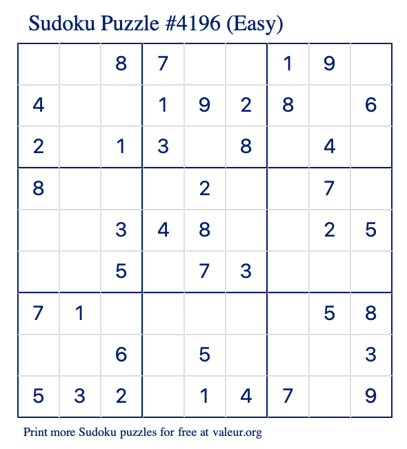 Free Printable Easy Sudoku Puzzle number 4196