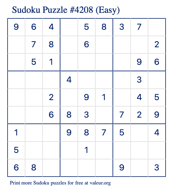 Free Printable Easy Sudoku Puzzle number 4208