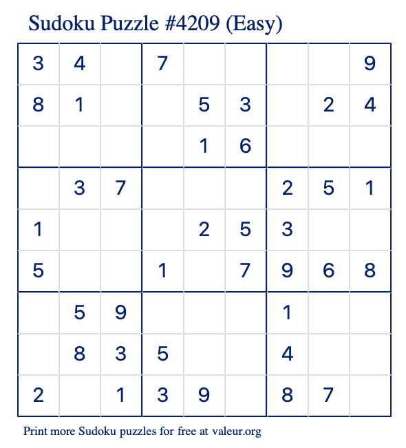 free printable easy sudoku with the answer 4209