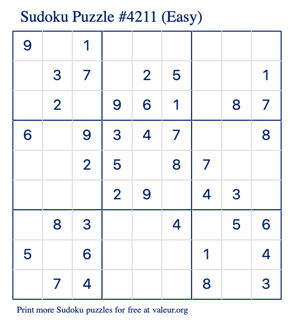 Free Printable Easy Sudoku Puzzle number 4211