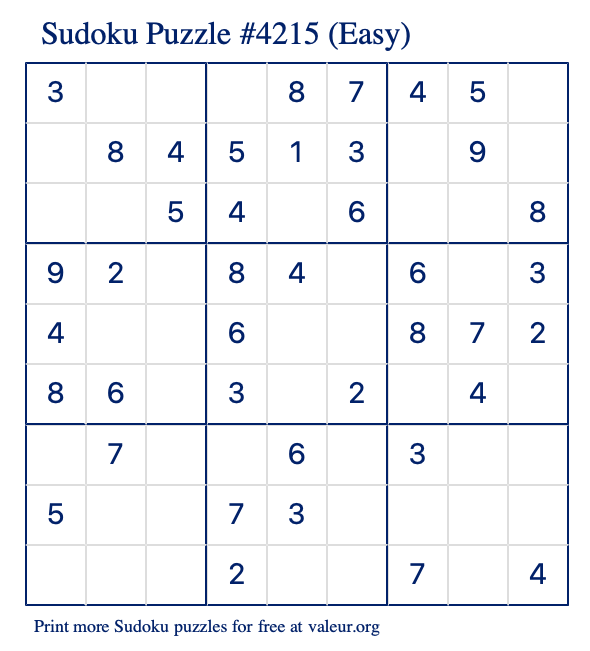 Free Printable Easy Sudoku Puzzle number 4215