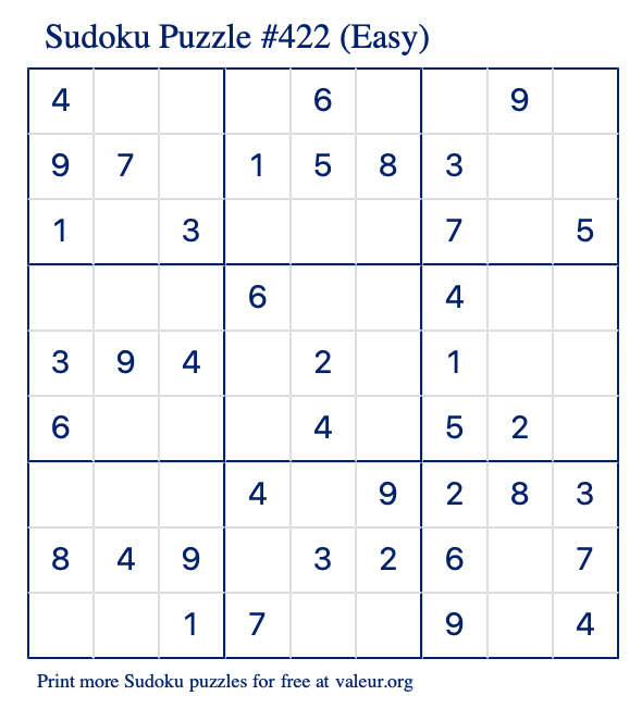 Free Printable Easy Sudoku Puzzle number 422