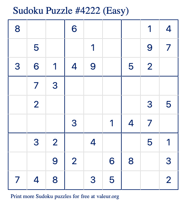 Free Printable Easy Sudoku Puzzle number 4222
