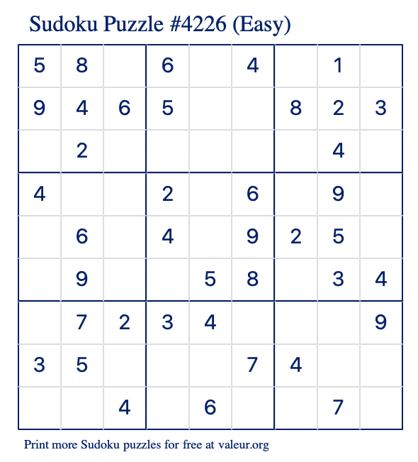 Free Printable Easy Sudoku Puzzle number 4226