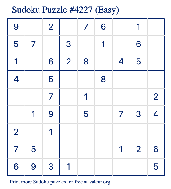 Free Printable Easy Sudoku Puzzle number 4227