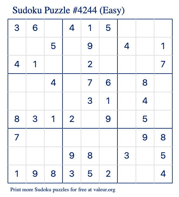 Free Printable Easy Sudoku Puzzle number 4244