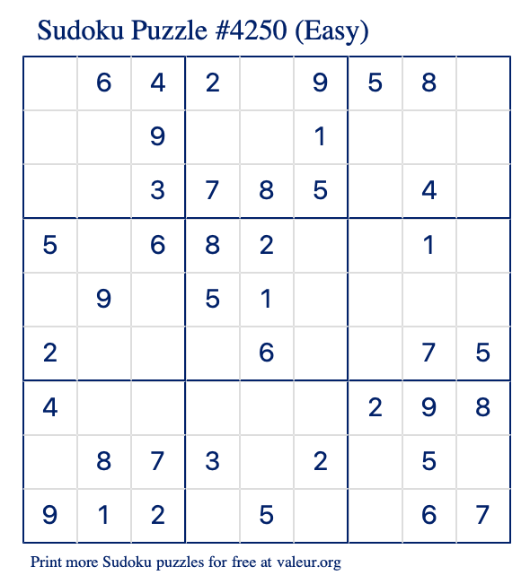 Free Printable Easy Sudoku Puzzle number 4250