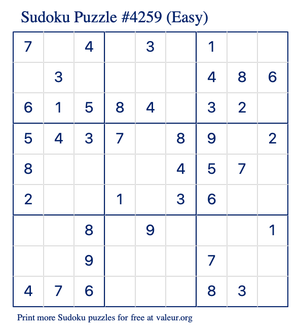 Free Printable Easy Sudoku Puzzle number 4259