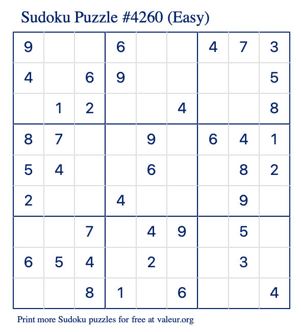 Free Printable Easy Sudoku Puzzle number 4260