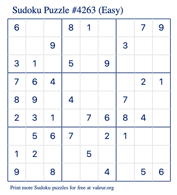 Free Printable Easy Sudoku Puzzle number 4263