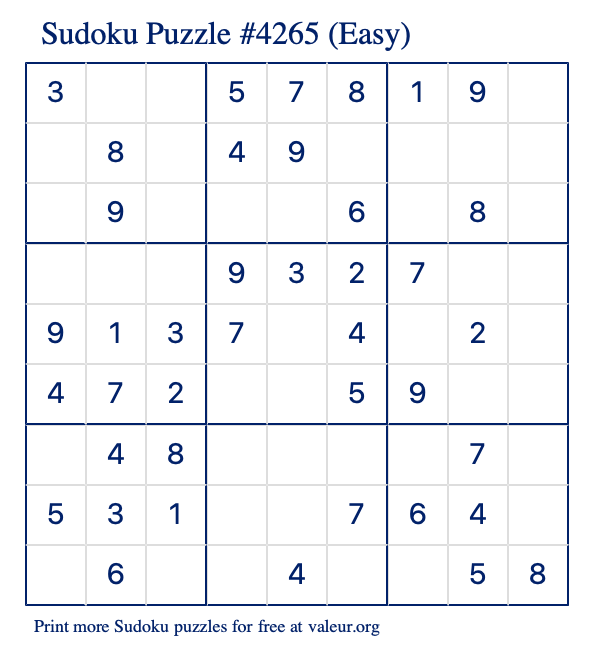 Free Printable Easy Sudoku Puzzle number 4265