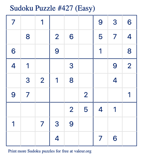 Free Printable Easy Sudoku Puzzle number 427