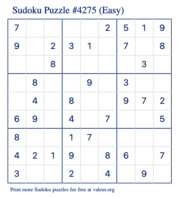 Free Printable Easy Sudoku Puzzle number 4275