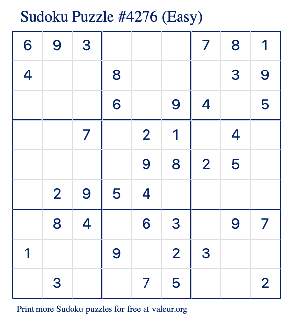 Free Printable Easy Sudoku Puzzle number 4276