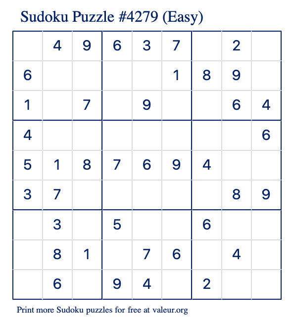Free Printable Easy Sudoku Puzzle number 4279