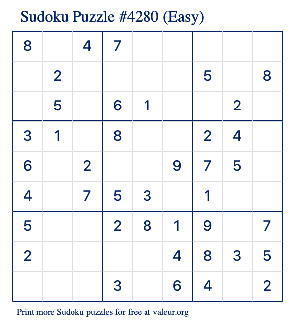 Free Printable Easy Sudoku Puzzle number 4280