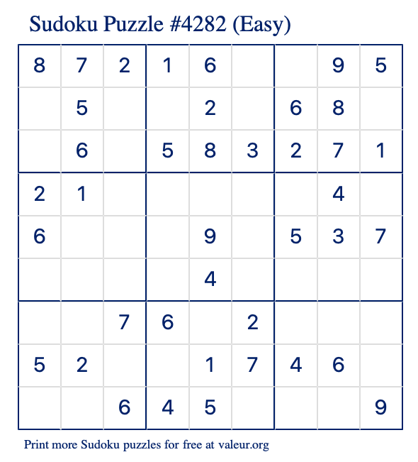 Free Printable Easy Sudoku Puzzle number 4282