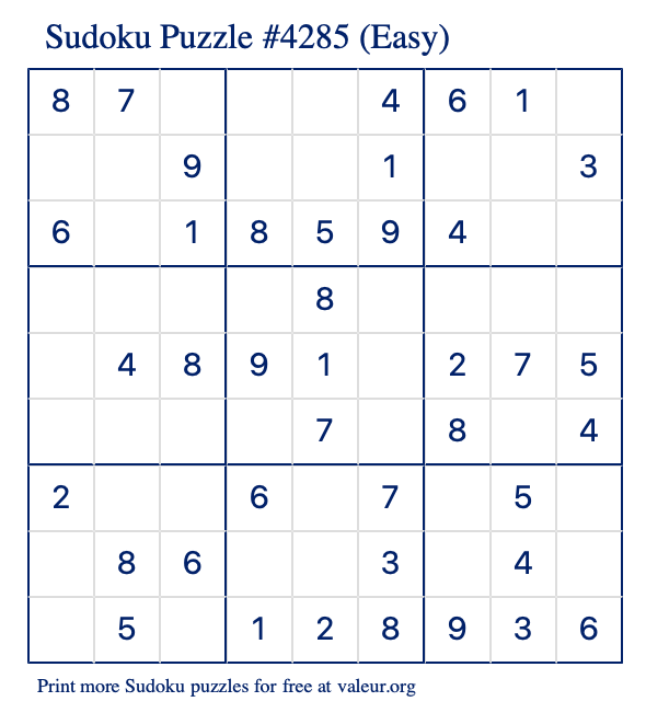 Free Printable Easy Sudoku Puzzle number 4285