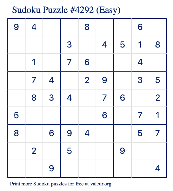 Free Printable Easy Sudoku Puzzle number 4292