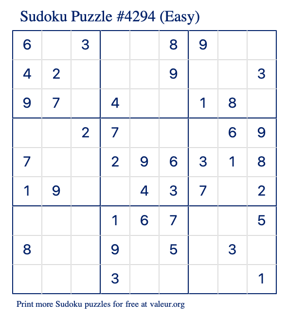 Free Printable Easy Sudoku Puzzle number 4294