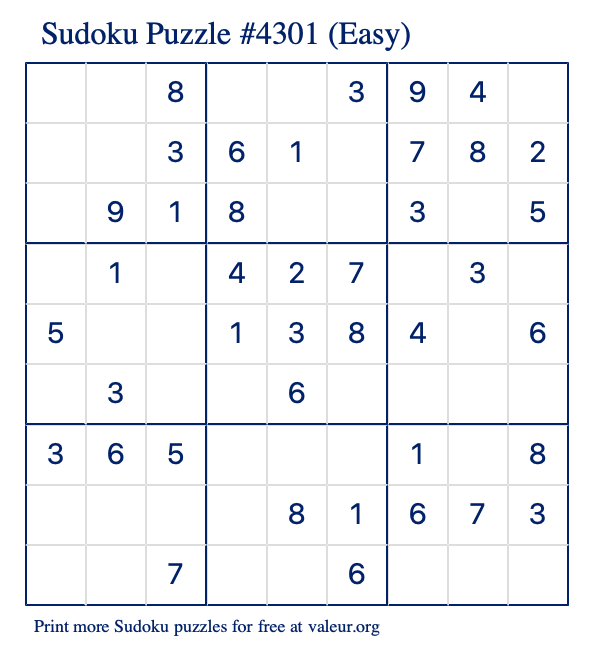 Free Printable Easy Sudoku Puzzle number 4301