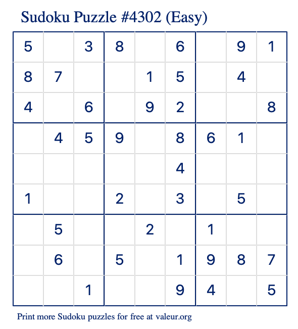 Free Printable Easy Sudoku Puzzle number 4302