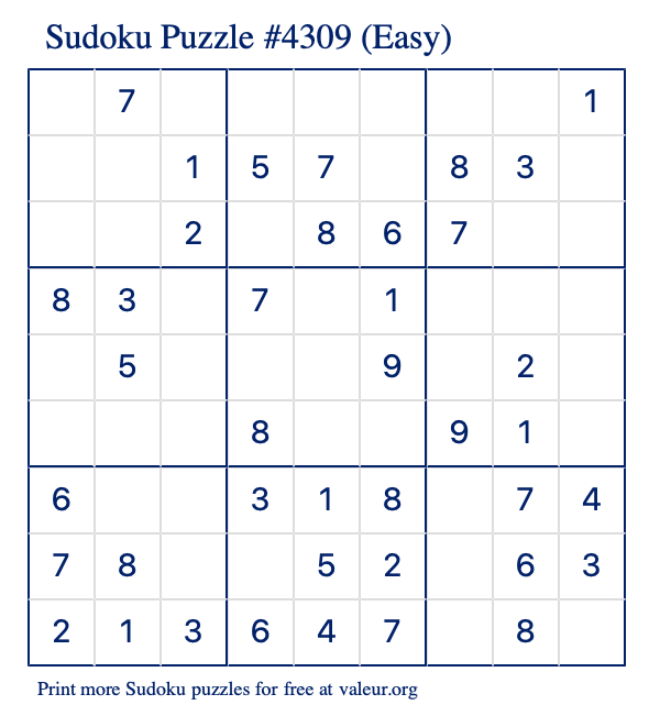 Free Printable Easy Sudoku Puzzle number 4309