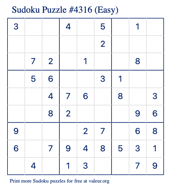 Free Printable Easy Sudoku Puzzle number 4316