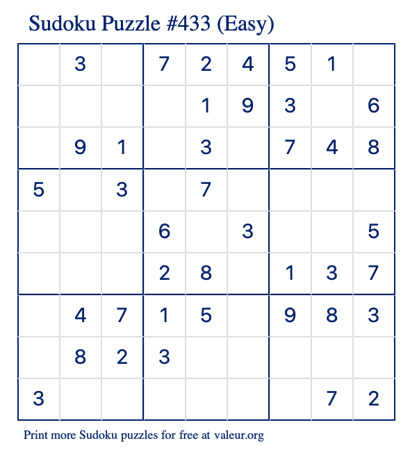 Free Printable Easy Sudoku Puzzle number 433