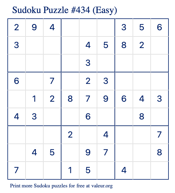 Free Printable Easy Sudoku Puzzle number 434