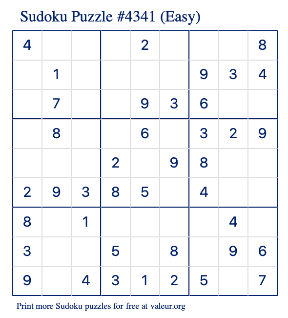 Free Printable Easy Sudoku Puzzle number 4341