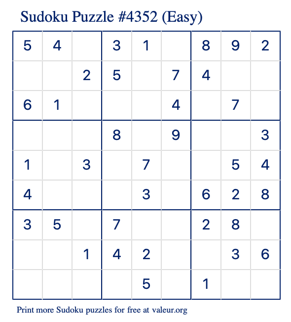 Free Printable Easy Sudoku Puzzle number 4352