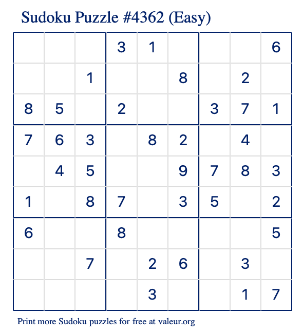 Free Printable Easy Sudoku Puzzle number 4362