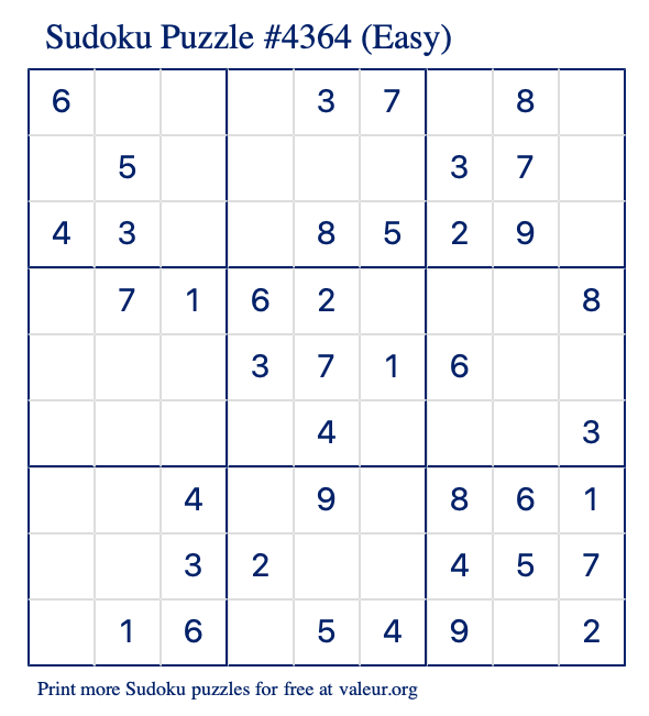 Free Printable Easy Sudoku Puzzle number 4364