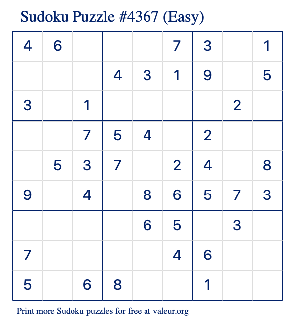 Free Printable Easy Sudoku Puzzle number 4367