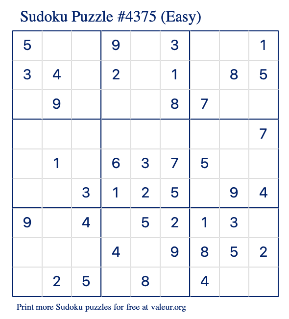 Free Printable Easy Sudoku Puzzle number 4375