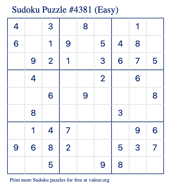 Free Printable Easy Sudoku Puzzle number 4381