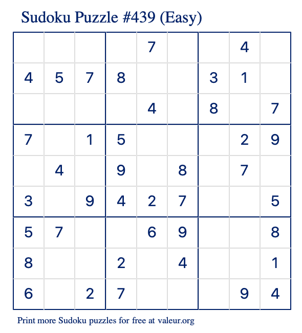 Free Printable Easy Sudoku Puzzle number 439