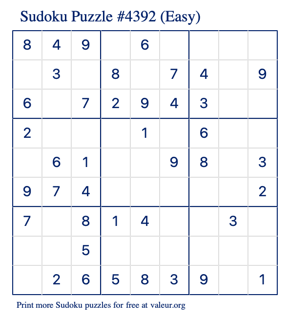 Free Printable Easy Sudoku Puzzle number 4392