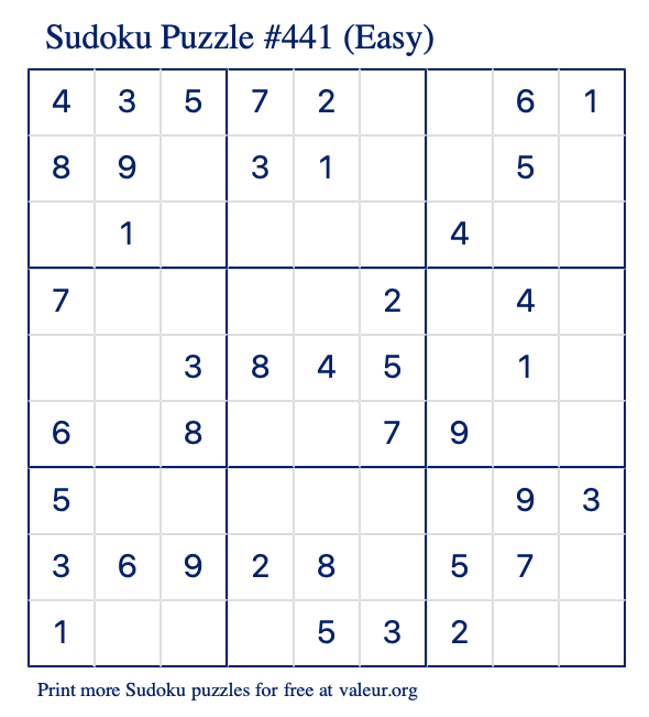 Free Printable Easy Sudoku Puzzle number 441