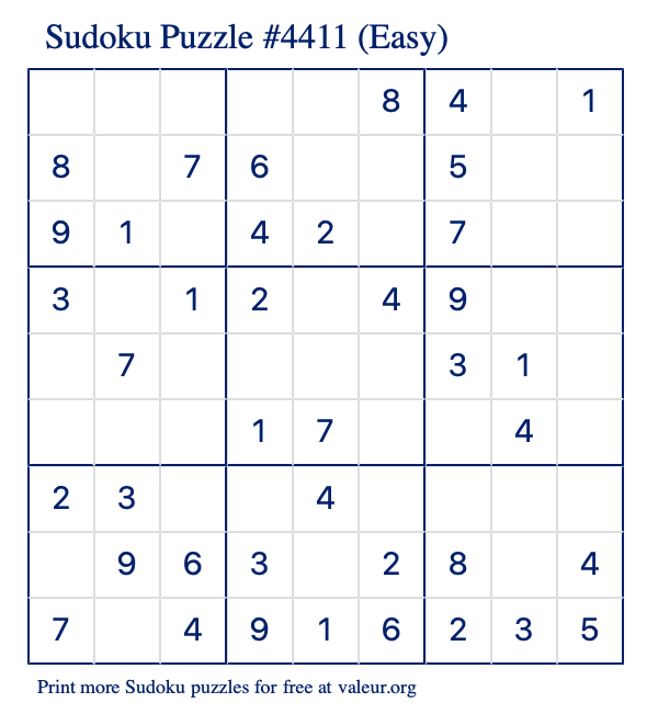 Free Printable Easy Sudoku Puzzle number 4411