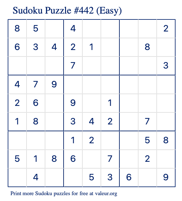 Free Printable Easy Sudoku Puzzle number 442