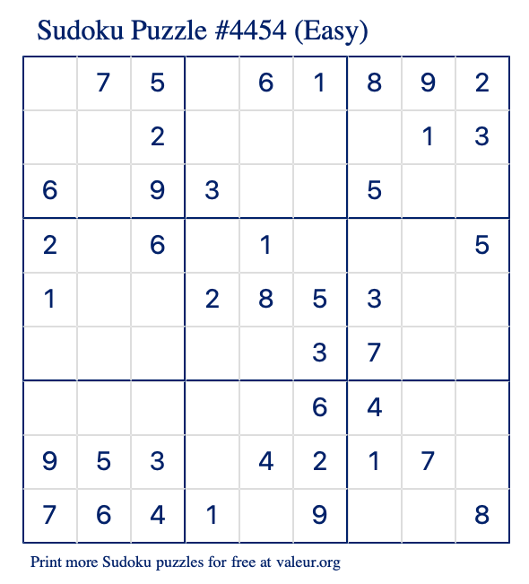Free Printable Easy Sudoku Puzzle number 4454