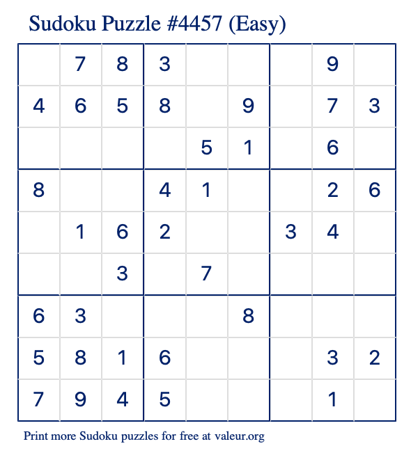 Free Printable Easy Sudoku Puzzle number 4457