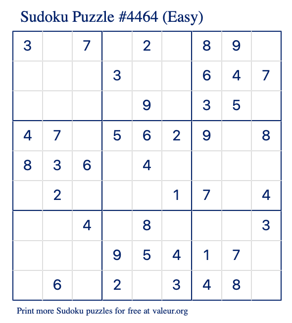 Free Printable Easy Sudoku Puzzle number 4464