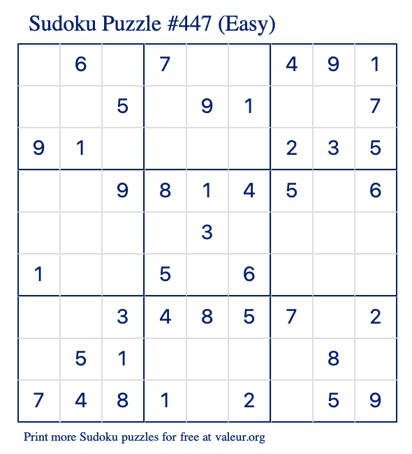 Free Printable Easy Sudoku Puzzle number 447