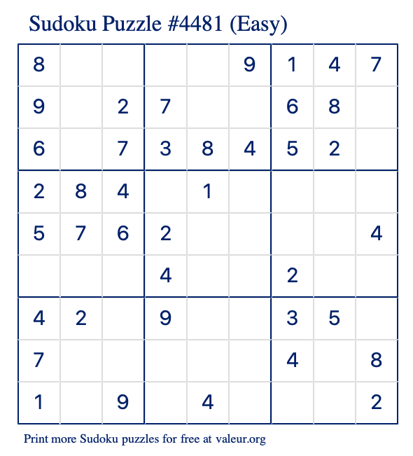 Free Printable Easy Sudoku Puzzle number 4481