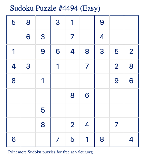 Free Printable Easy Sudoku Puzzle number 4494