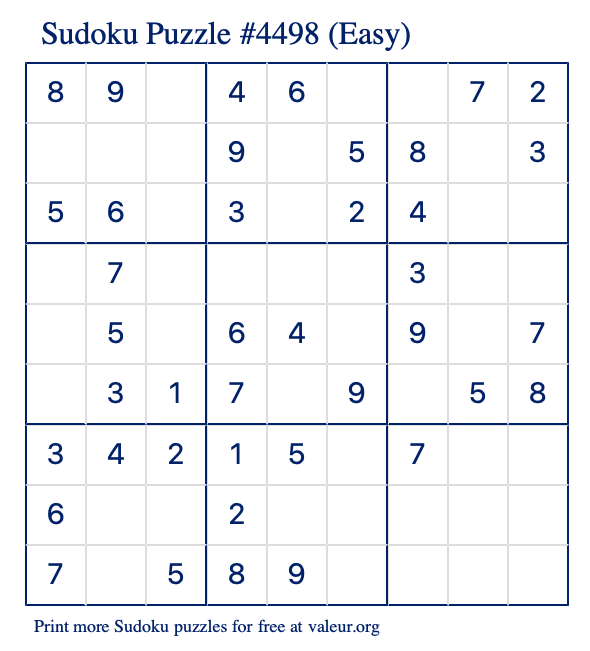 Free Printable Easy Sudoku Puzzle number 4498